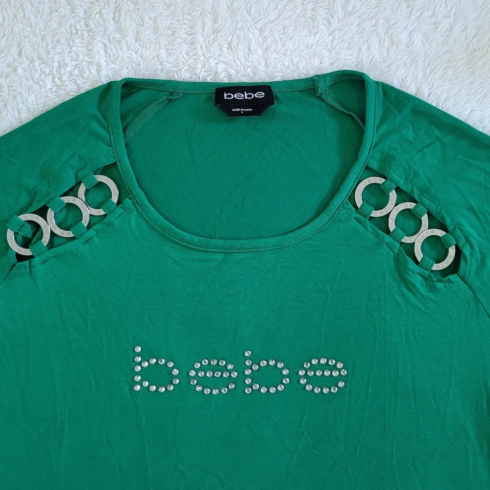 bebe Green💚 Top With Triple3️⃣ Silver🤍 Rings Detail - NWT - Picture 3 of 16